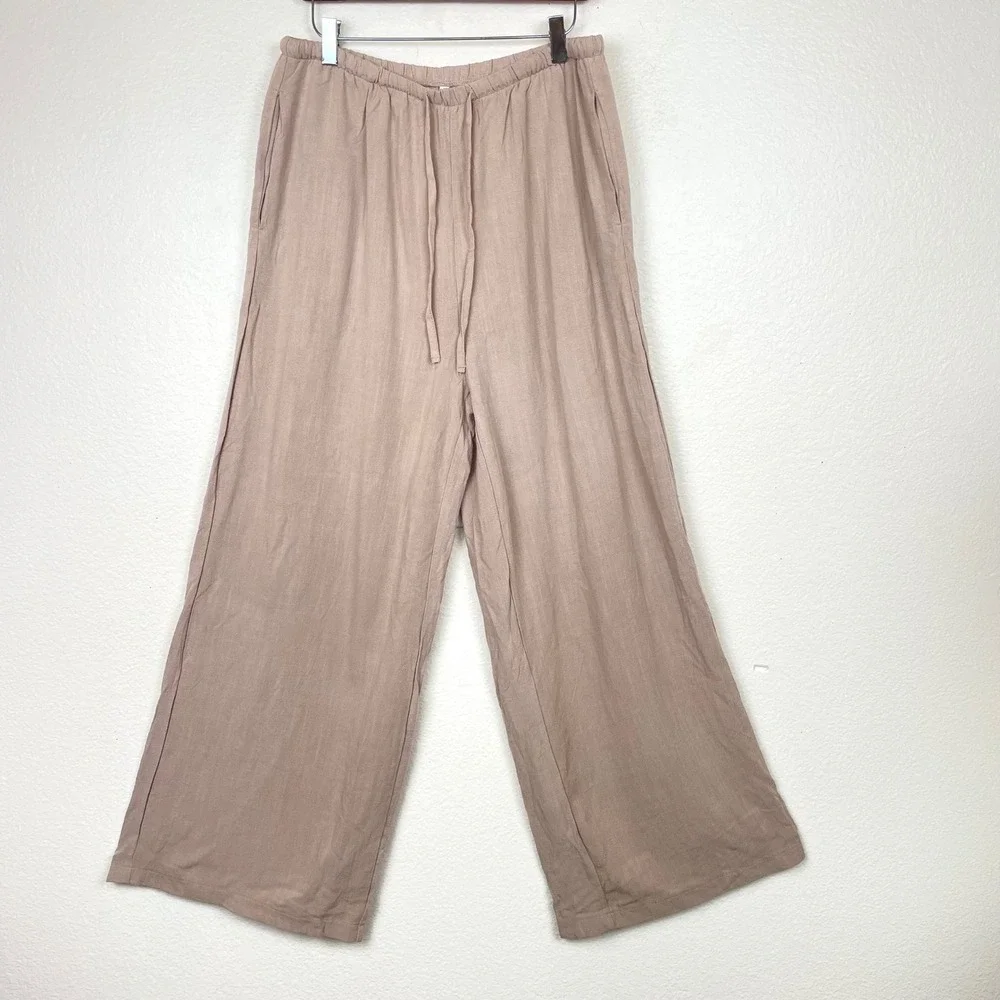 Womens Pants Sz L Linen Wide Leg Minimalist Natural Beachy Travel Flowy Coastal